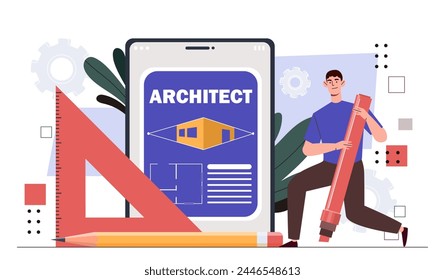 Architect with equipment concept. Man with red ruler and pencils. Ingeneering and architecture. Worker made blueprint for construction. Planning of buildings. Cartoon flat vector illustration