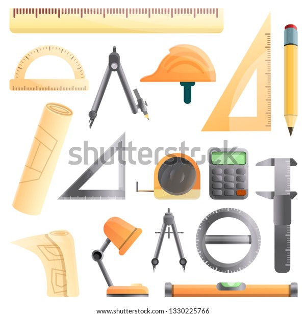 Architect equipment icons set.\
Cartoon set of architect equipment vector icons for web\
design