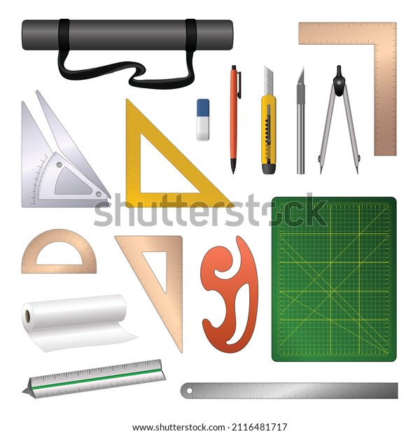 Architect equipment icons set cartoon\
vector. Residential architecture. Design\
school
