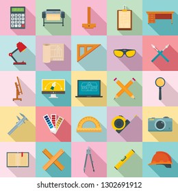 Architect equipment icons set. Flat set of architect equipment vector icons for web design