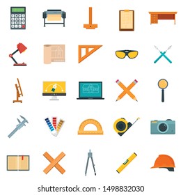 Architect equipment icons set. Flat set of architect equipment vector icons for web design