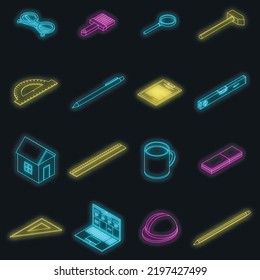 Architect equipment icons set. Isometric set of architect equipment vector icons neon color on black
