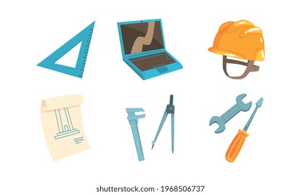 Architect Equipment Set, Laptop Computer, Blueprint, Screwdriver, Triangle, Calipers, Hard Hat Cartoon Vector Illustration