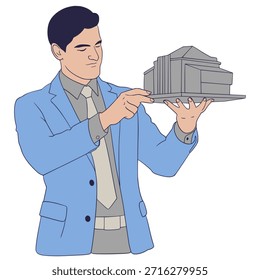 El arquitecto está examinando un ejemplo en miniatura de la ilustración del edificio 