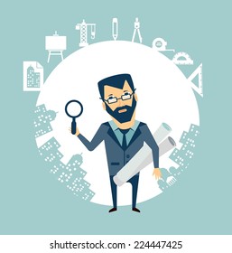 architect expert looking through a magnifying glass illustration