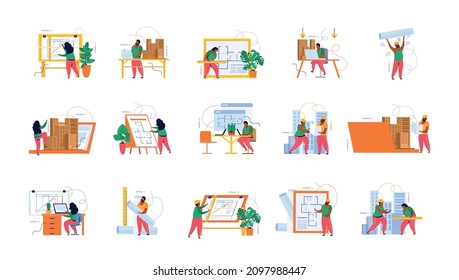 Architect flat icon set women and men at their desks drawing and thinking about work projects vector illustration