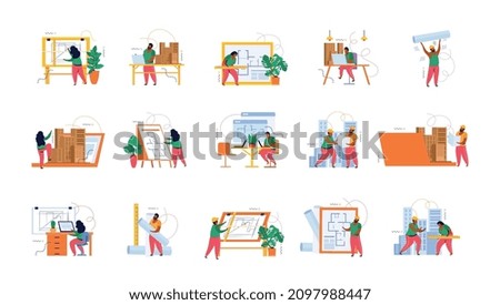 Architect flat icon set women and men at their desks drawing and thinking about work projects vector illustration