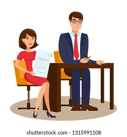 Architect Flat Vector Design Character. Man with Phone and Woman Holding Floor Plan. Designer, Client Drawing Illustration. Construction Flat Cartoon Clipart. Building Company Poster Design Element