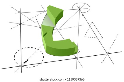 Architect font C green font divide a parts on line background.