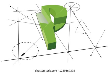 Architect font P green font divide a parts on line background.