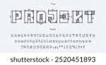 Architect font, technical type, sketch engineer typeface. Vector construction English alphabet, blueprint typography letters, numbers and sign characters with architecture drafting lines on grid paper