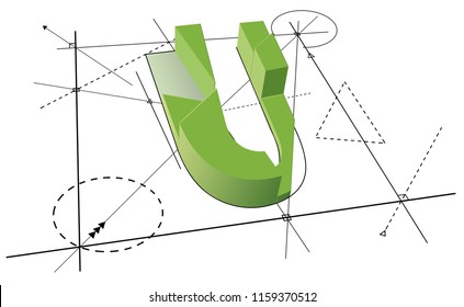 Architect font U green font divide a parts on line background.