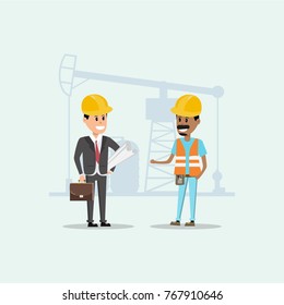 architect, foreman, engineering construction worker manage a project at building site.vector illustration industrial factory concept