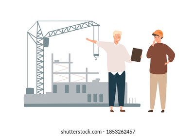 Architect and foreman on construction site isolated on white background. Male professional industrial workers discussion. Builder and engineer talking. Vector illustration in flat cartoon style