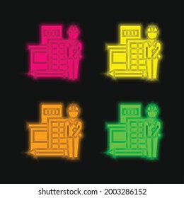 Architect four color glowing neon vector icon