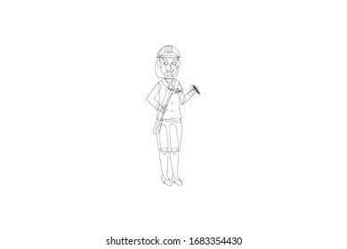 Architect Girl Profession Vector Outline Illustration
