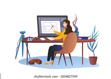 An architect girl sits at a large graphic tablet. Cozy office at home with measuring devices on table. A dachshund is sleeping under the table.