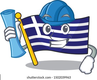 Architect greece character flag hoisted on mascot pole