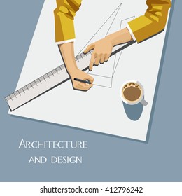 Architect hand with pencil and ruler. Architect workplace. 