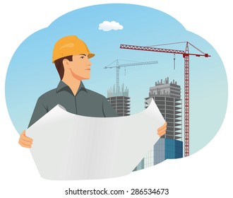 Architect With A Hard Hat Is Checking A Structural Drawing