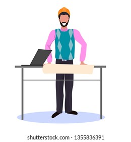 architect in helmet drawing blueprint building plan using laptop panning project concept happy engineer at workplace office workshop draftsman studio full length flat