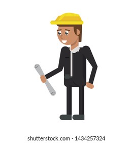 Architect with helmet holding construction plans cartoon isolated vector illustration graphic design