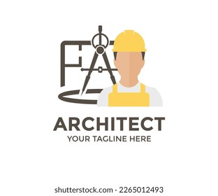 Architect in helmet and home plans logo design. Person Profile, Avatar Symbol, Male people icon. Male professional architect service worker  vector design and illustration.

