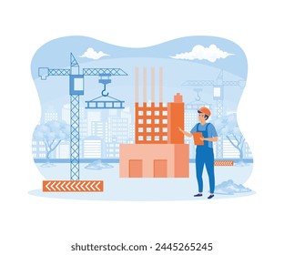 Arquitecto Holding Blueprints cerca de Construcción. Ingeniero hablando por teléfono cerca del edificio Nuevo. Hombre con proyecto en casco y traje. Casa de construcción de grúa. ilustración moderna de Vector plano 