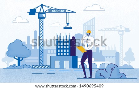 Architect Holding Blueprints near Construction Flat Cartoon Vector Illustration. Engineer Talking on Phone near New Building. Man with Project in Helmet and Suit. Crane Constructing House.