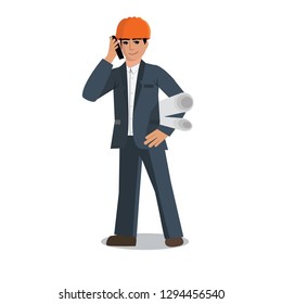 Architect holding constraction plans and talking on phone