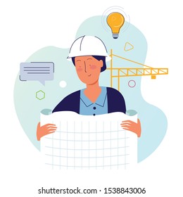 Architect holding drawing paper in construction site with helmet and crane vector