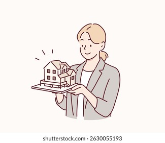 Arquiteto que possui um modelo de casa. Ilustrações de design de vetor de estilo desenhado à mão.