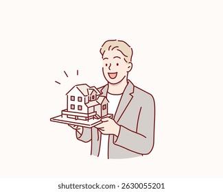 Arquiteto que possui um modelo de casa. Ilustrações de design de vetor de estilo desenhado à mão.