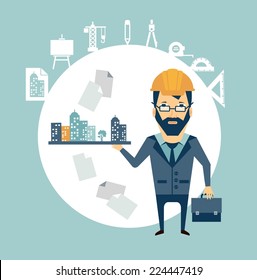 architect holding a model of the city in the palm illustration