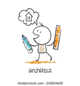 architect holding a pencil and ruler and dreams about the house illustration