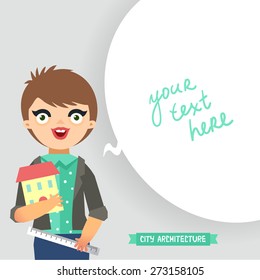 Architect holding ruler and small house with speech bubble for text. Vector colorful illustration in flat style