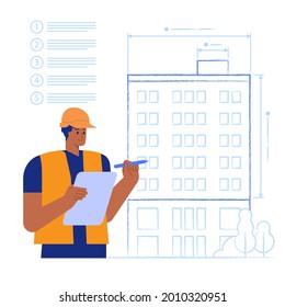 Architect holds construction drawing and takes measurements of future multi-storey building. Engineer designs house on blueprint. Real estate business. Vector illustration scene with character