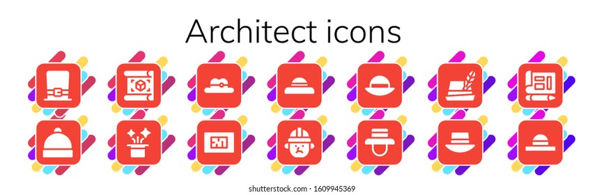 architect icon set. 14 filled architect icons.  Simple modern icons such as: Hat, Plan, Blueprint, Architect