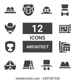 architect icon set. Collection of 12 filled architect icons included Hat, Blueprint, Headgear, Architecture