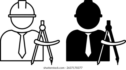Architect Icons. Black and White Vector Illustrations. Man in Helmet and Compass. Specialist Engaged in Designing and Creating Buildings. Engineering Concept