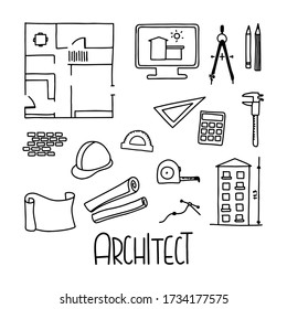 Architect icons with lettering. Hand draw vector line illustration. The set consists of Drawings, drawing tools, monitor, helmet, brick wall, etc.