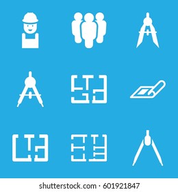 architect icons set. Set of 9 architect filled icons such as compass, plan, worker