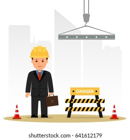 Architect inspects the construction site. Builder in a suit with a briefcase. Cartoon vector illustration danger in construction.