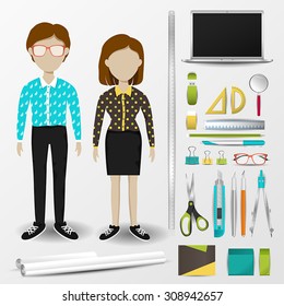 Architect Or Interior Designer Uniform Clothing, Stationary And Accessories Tool Icon Collection Set With Layout Design Isolated Background For Both Male And Female Profession (vector)