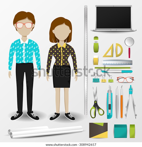 Architect or\
interior designer uniform clothing, stationary and accessories tool\
icon collection set with layout design isolated background for both\
male and female profession\
(vector)