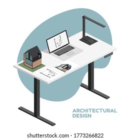 Architect isometric desktop with tools including laptop, lamp and building plan, architectural model of house, render document. Vector illustration