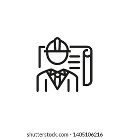 Architect line icon. Man in helmet and blueprint. Occupation concept. Vector illustration can be used for topics like engineering, building project, construction