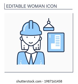 Architect line icon. Woman plans, designs and oversees construction of buildings. Top career. Successful woman concept. Isolated vector illustration.Editable stroke