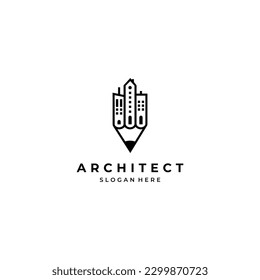 diseño del logo del arquitecto sobre fondo aislado, ciudad combinada con el logo del lápiz