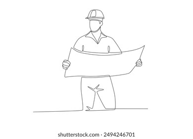 Architect looking at drawings. Labor concept one-line drawing